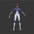 Game Movie Character Red Haired with Blue and White Futuristic Armor Holding Device Standing Pose