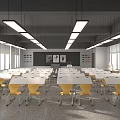 School Classroom With White Desks Yellow Chairs Wall Charts And Bright Ceiling Lights