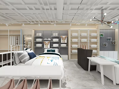 Home Bedding Specialty Store With Comfortable Bed Pillows And White Shelves Display Area 3d model