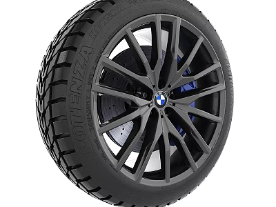 Premium Car Tire with Black Alloy Wheel and BMW Logo Tread Pattern 3d model