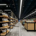 Well Lit Supermarket Department Store With Spacious Aisles And Stocked Grocery Shelves