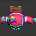 Colorful Pink Creature Cartoon Character Wearing Large Glasses Propeller Hat And Holding Blue Dice