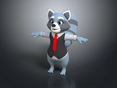 Cute Raccoon Doll Wearing Black Vest And Red Tie With Open Arms 3d model