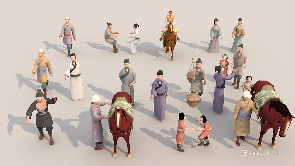 Ancient People in Historical Scene Engaging in Various Activities Horse Baskets and Children Playing 3d model