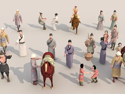 Ancient People in Historical Scene Engaging in Various Activities Horse Baskets and Children Playing 3d model