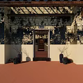 Traditional Chinese Religious Worship Hall With Wooden Structure Tiled Roof Red Carpet Calligraphy And Benches