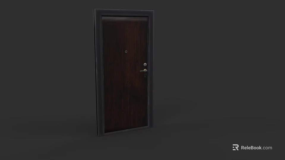 Dark Brown Wooden Entrance Door With Metal Frame Lock And Modern Design 3d model 