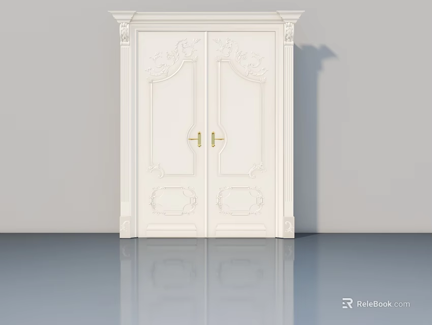 White Carved Double Hinged Door With Golden Handles And Classic Design 3d model 