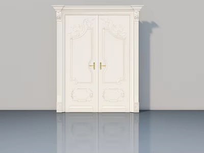 White Carved Double Hinged Door With Golden Handles And Classic Design 3d model