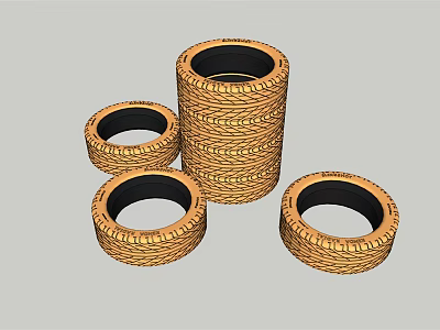 Four Textured Tires Featuring Stacked and Individual Units in Brownish Hue 3d model