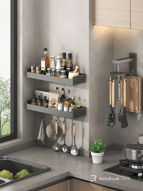 Organized Kitchen Corner With Wall Mounted Shelves Hanging Utensils And Spice Bottles 3d model 