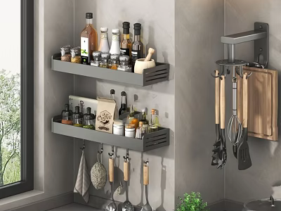 Organized Kitchen Corner With Wall Mounted Shelves Hanging Utensils And Spice Bottles 3d model