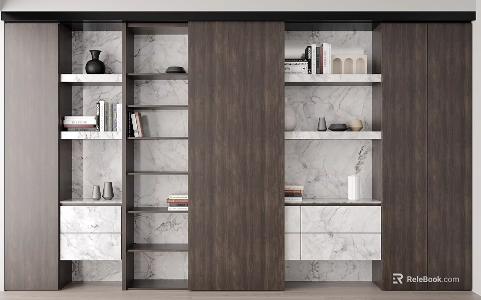 Modern Wooden Bookshelf with Open Shelves Marble Accents Books and Decorative Vases 3d model 