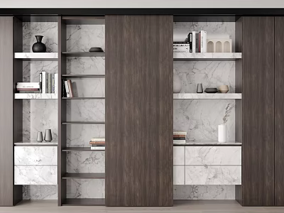 Modern Wooden Bookshelf with Open Shelves Marble Accents Books and Decorative Vases 3d model