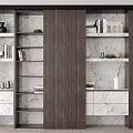 Modern Wooden Bookshelf with Open Shelves Marble Accents Books and Decorative Vases