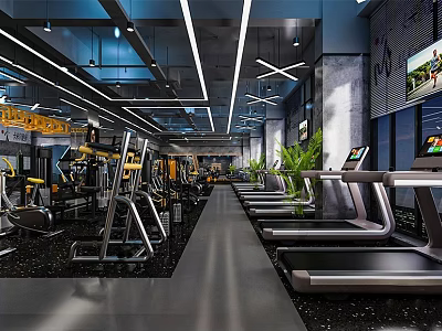 Modern Gym Interior with Treadmills Strength Training Machines Spacious Layout and Green Plants 3d model
