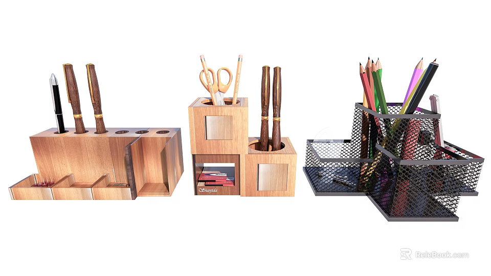 Practical Desktop Storage Organizers With Wooden Metal Holders Pens Pencils Scissors 3d model 