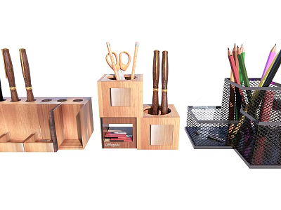 Practical Desktop Storage Organizers With Wooden Metal Holders Pens Pencils Scissors 3d model