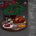 Festive Decorative Ornaments Set With Red Peonies Vase Roasted Turkey Wine Glasses Fruits And Tableware
