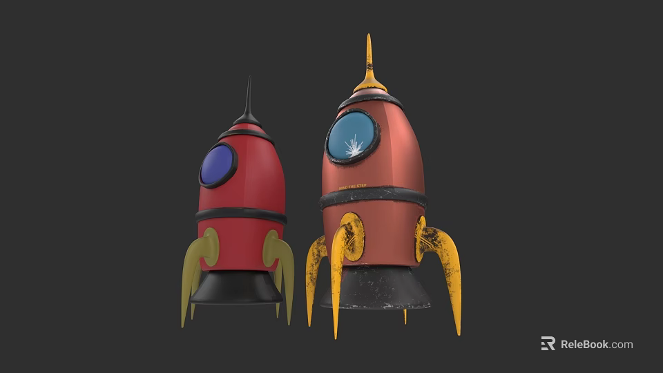 Two Colorful Rocket Models With Purple Blue Windows And Yellow Legs On Black Background 3d model 