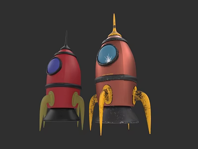 Two Colorful Rocket Models With Purple Blue Windows And Yellow Legs On Black Background 3d model