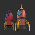 Two Colorful Rocket Models With Purple Blue Windows And Yellow Legs On Black Background