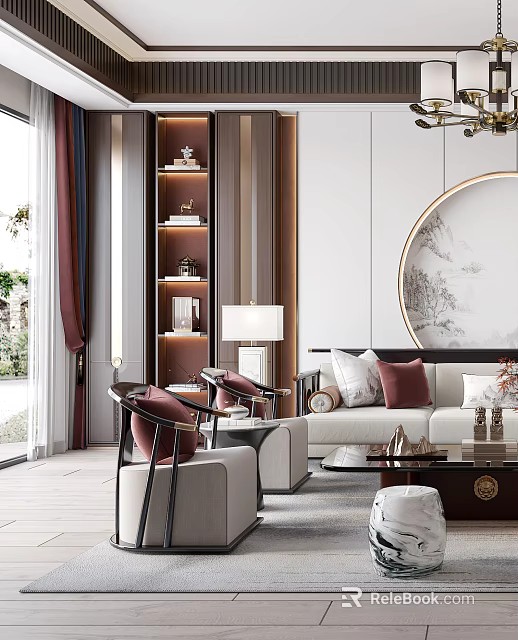 Elegant Living Room Interior With Circular Wall Art Display Shelves Sofa And Table Lamp 3d model 