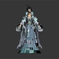 Woman in Traditional Chinese Costume Holding Long Sword Standing Against Gray Background With Reflection
