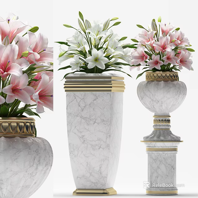 Public Facility Decorative Vases With Marble Bodies Gold Accents And Fresh Flowers 3d model 