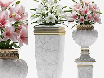 Public Facility Decorative Vases With Marble Bodies Gold Accents And Fresh Flowers 3d model