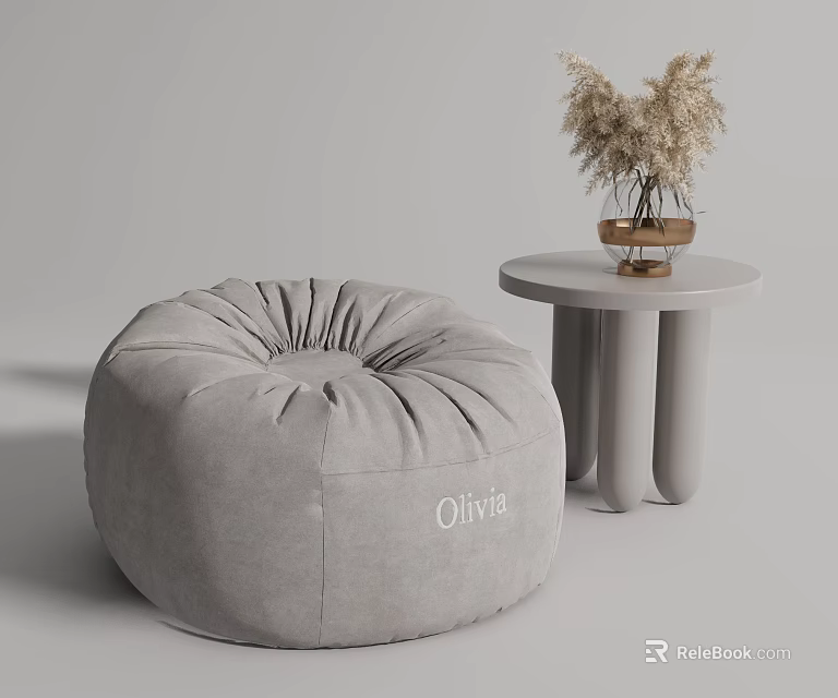 Round Gray Velvet Bean Bag Chair with Pleated Design and 'Olivia' Lettering 3d model 