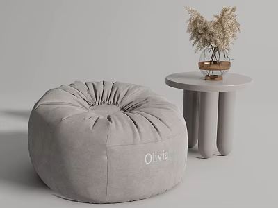 Round Gray Velvet Bean Bag Chair with Pleated Design and 'Olivia' Lettering 3d model
