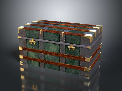 Vintage Stacked Trunk With Green Panels Brass Fittings And Wooden Frame Design 3d model