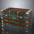 Vintage Stacked Trunk With Green Panels Brass Fittings And Wooden Frame Design
