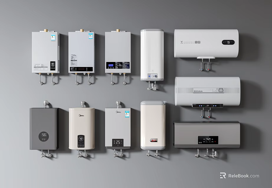 Different Types Of Home Appliances Water Heaters On Wall 3d model 