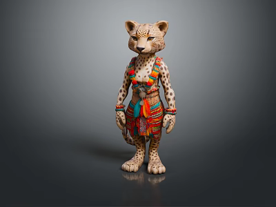 Cheetah Themed Figurine Wearing Colorful Traditional Attire And Decorative Details 3d model