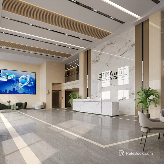 Modern Office Lobby Reception Desk With Marble Finish And Spacious Bright Business Hall Interior Design 3d model 
