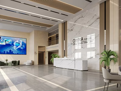 Modern Office Lobby Reception Desk With Marble Finish And Spacious Bright Business Hall Interior Design 3d model