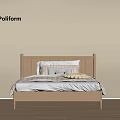 Poliform Modern Double Bed With Wooden Headboard Pillows And Beige Wall Wooden Floor