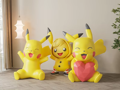 Yellow Pikachu Style Plush Toys With Smiling Faces And Little Girl Doll Holding Heart 3d model
