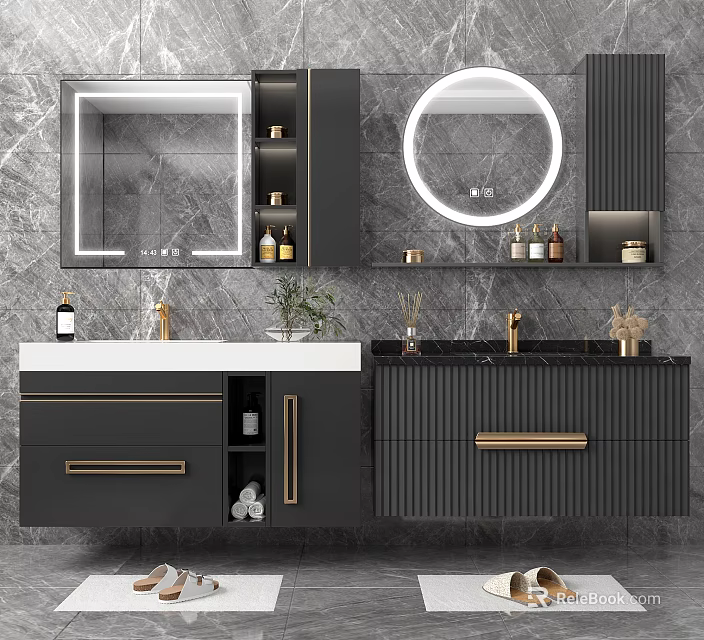 Modern Bathroom Double Vanity With Black Cabinets Gold Handles And Marble Backsplash 3d model 