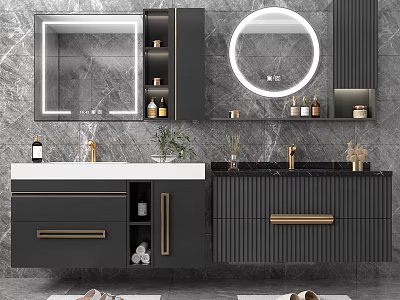 Modern Bathroom Double Vanity With Black Cabinets Gold Handles And Marble Backsplash 3d model
