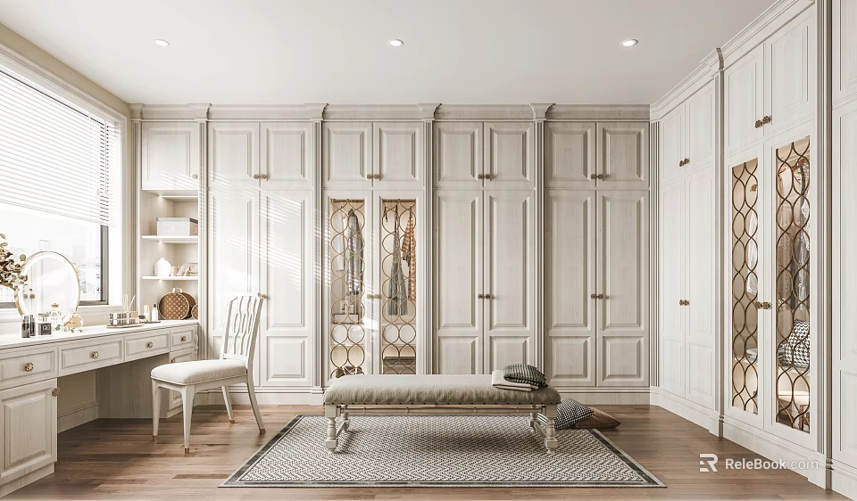 Elegant Walk In Closet With Cabinets Bench Vanity Chair And Rug 3d model 