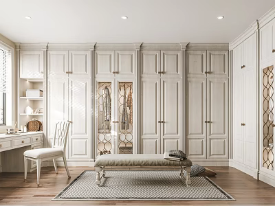 Elegant Walk In Closet With Cabinets Bench Vanity Chair And Rug 3d model
