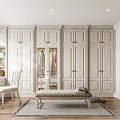 Elegant Walk In Closet With Cabinets Bench Vanity Chair And Rug