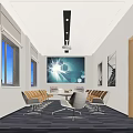 Modern Lounge Area With White Chairs Round Table Wooden Walls Shelves And Carpet