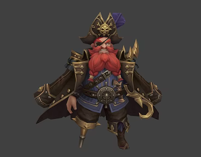 Pirate Style Dwarf Character With Red Beard Ornate Hat And Armor Cloak 3d model