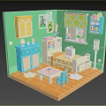 Cartoon Style Room Scene With Green Walls Blue Cabinets Small Bed Patterned Curtains And Bookshelf