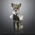 Anime Character With Fox Ears And Tail In White Top Black Overalls And Lace Stockings