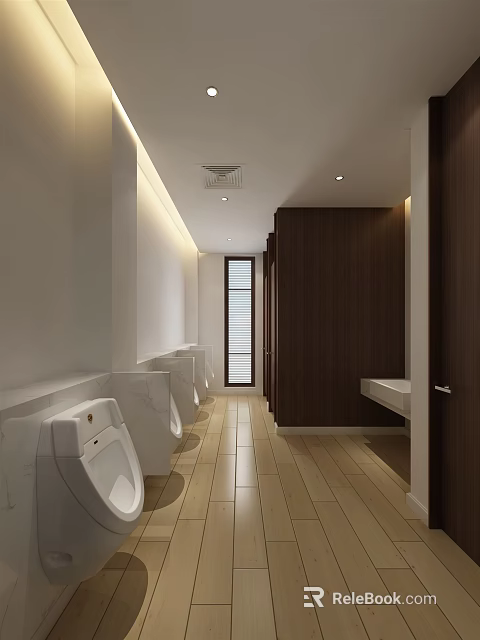 Modern Public Restroom With Clean Design White Urinals Wooden Flooring And Private Cubicles 3d model 